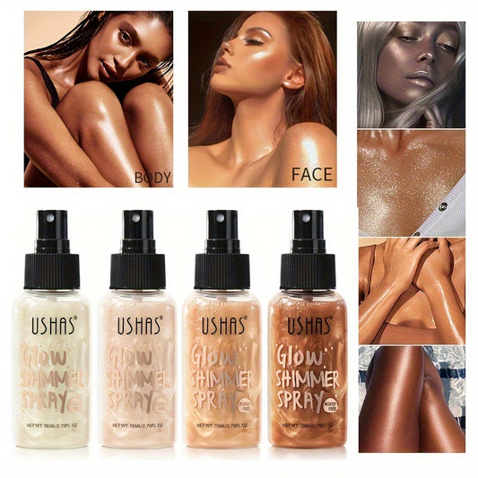 Glow Shimmer Spray: Waterproof liquid highlighter for face and body, provides long-lasting radiance. Easy application with spray nozzle, perfect for music festivals.