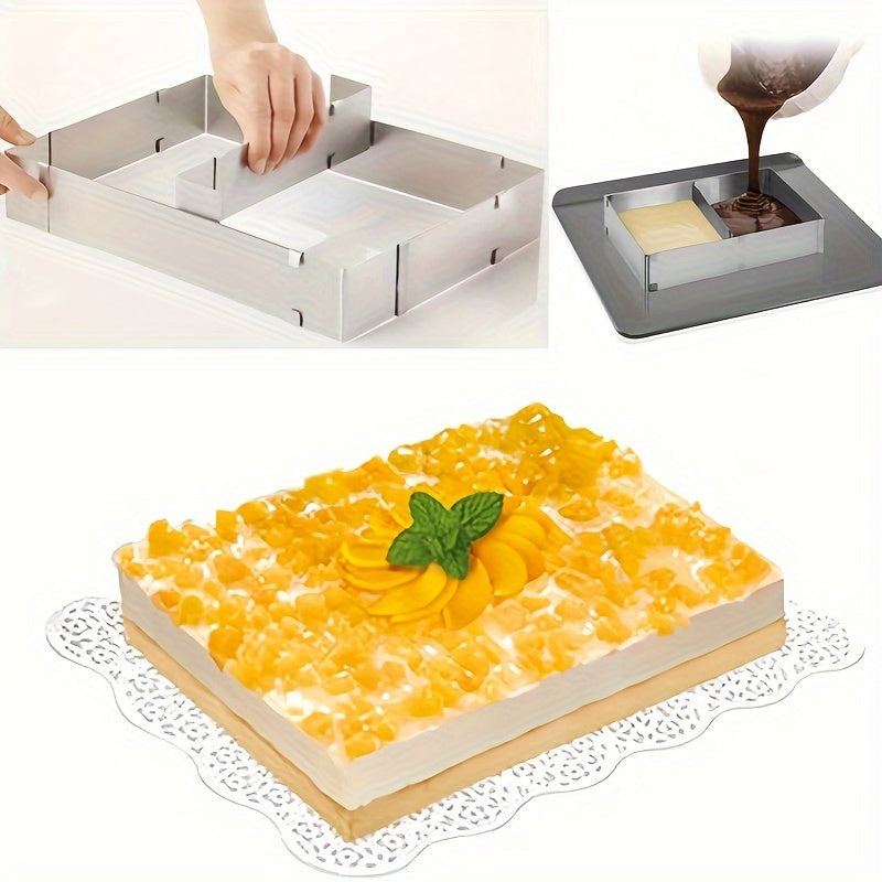 Adjustable, scalable stainless steel rectangular mousse cake mold, suitable for baking birthday cakes, tiramisu, bread, and pastries. Measures 27.94cm to 53.34cm. Perfect for all your baking needs.