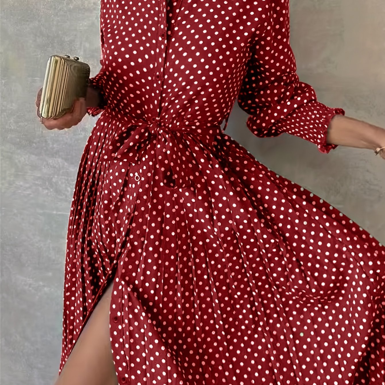 Long sleeve polka dots dress, elegant and suitable for adults, made of polyester for spring/fall.