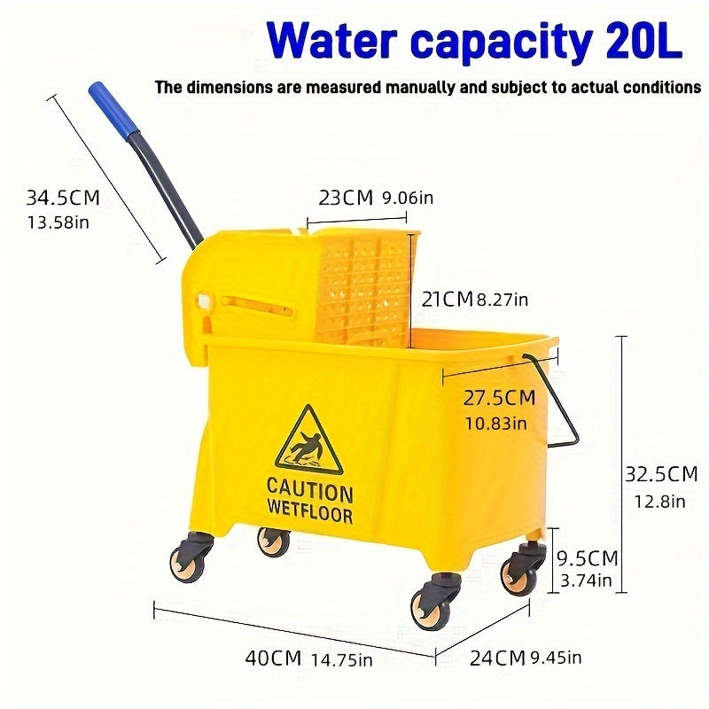 20L Yellow Commercial Mop Bucket with Wringer and Hand Press Floor Cleaning Cart for Home, School, Hotel, Shopping Centers - Sturdy Plastic Bucket for Living Room, Bedroom, Bathroom, and Kitchen Cleaning, with Water Squeezer