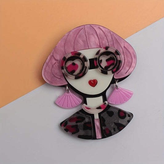 Stylish Acrylic Portrait Brooch Pin featuring a Unique and Cool Design, Fashionable Badge Accessory with a Colorful and Quirky Female Face, Decorated with a Hat And Glasses Motif.