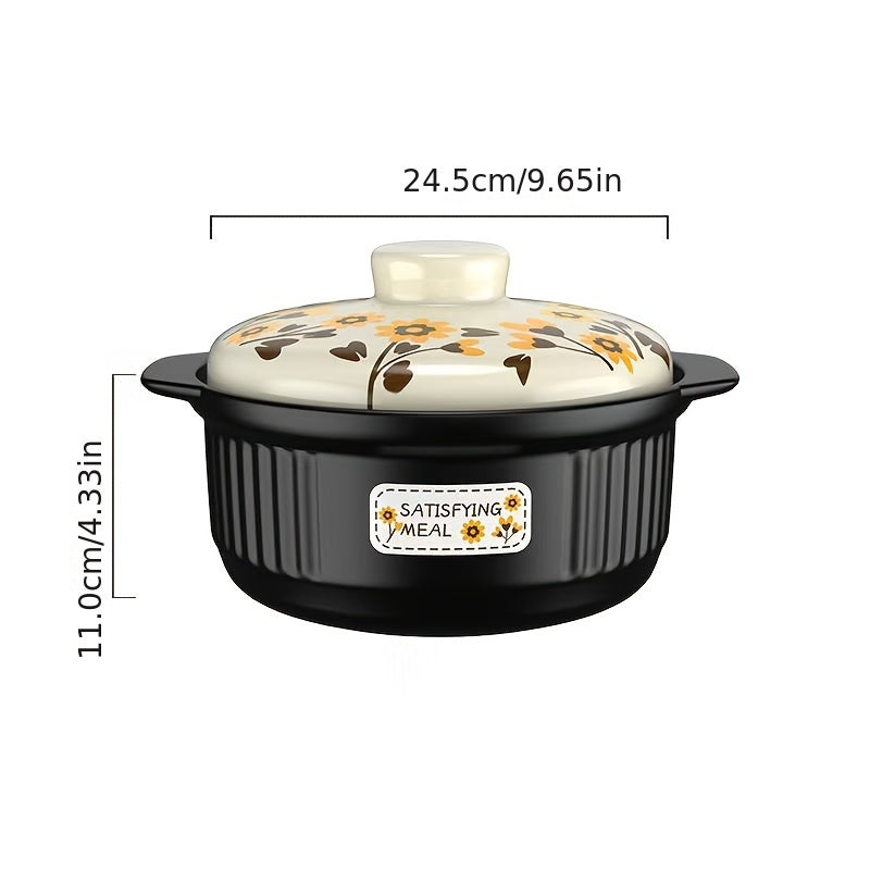 Ceramic casserole dish with sunflower design, 3400ml capacity, round shape, dishwasher safe. Ideal for stew, soups, and other dishes. High temperature resistant, suitable for use on gas stoves. Crack-resistant and explosion-proof.