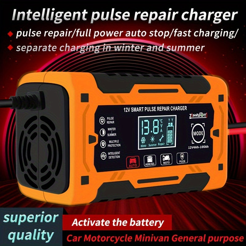 12V 6A automatic battery charger with repair function, LCD display, fast charging, suitable for electric devices and car batteries. EU plug included.