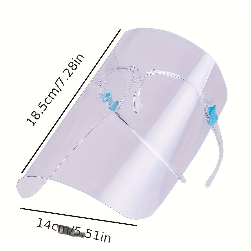 Adjustable anti-fog face shield with transparent frame for cooking and indoor work.