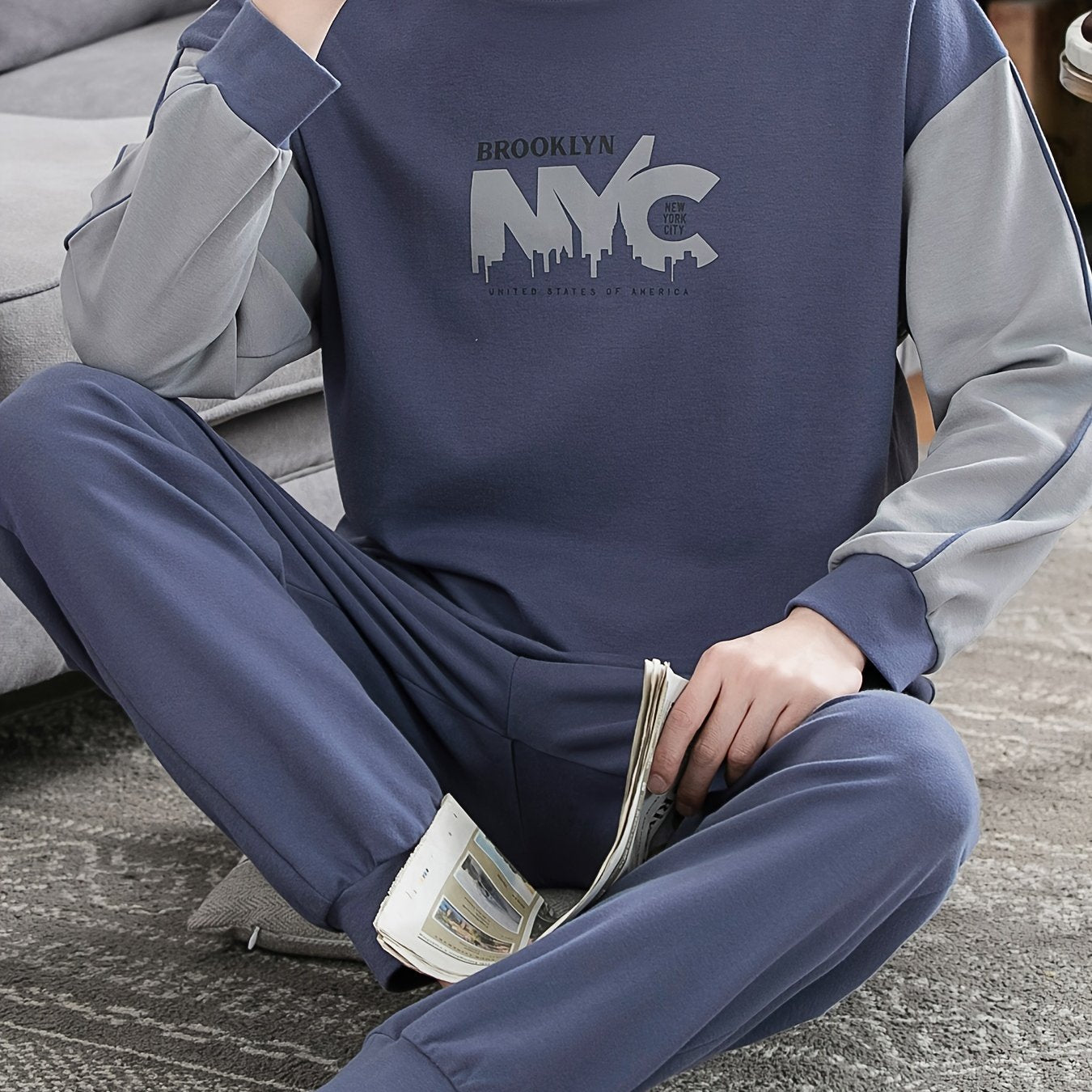 Men's casual color block pajama set with letter graphic print, long sleeve crew neck top and loose pants. Perfect for spring and autumn outdoor wear.