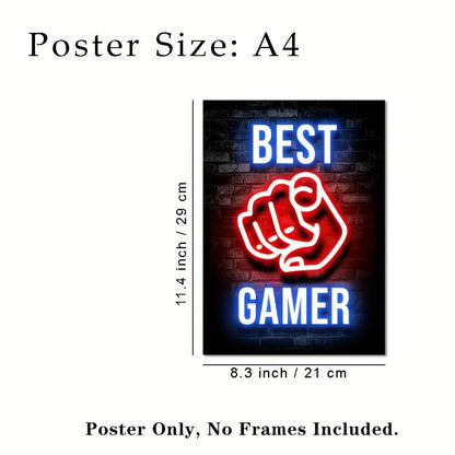 Set of 6 Modern Art Design Neon Style Wall Posters Featuring Video Gamer Quotes, Frames Not Included, Perfect Gifts for Room Decor, Playroom or Bedroom, A4 size 11.4"x8.3" (29x21cm)