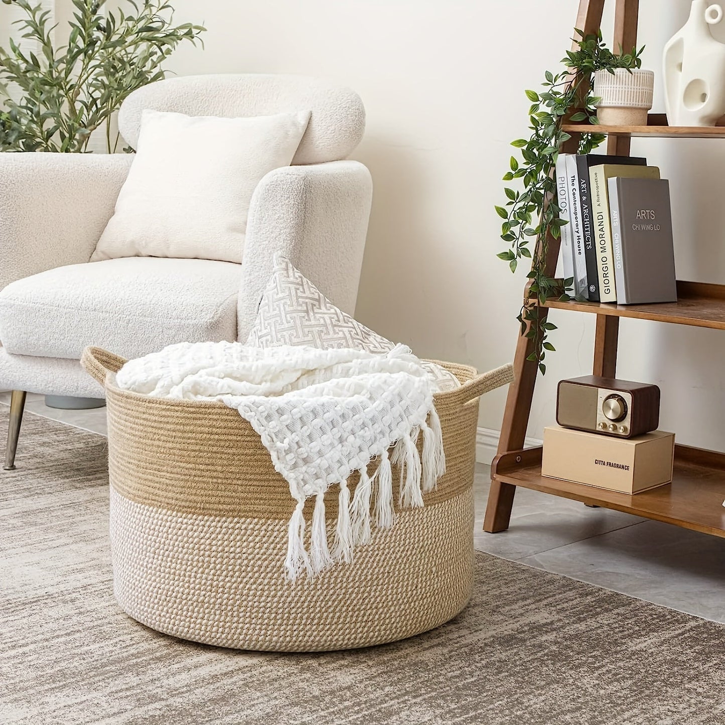 Large XXXLarge Rope Woven Basket, Measures 50.8cm x 50.8cm x 34.04cm. Ideal for Laundry, Blanket Storage in Living Room & Bedroom. Features Toy Organizer Basket with Handle. Perfect for Storing Comforter Cushions, Laundry Hamper Storage, and Home