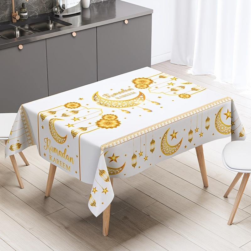 1pc Ramadan Kareem Tablecloth made of polyester, featuring Islamic moon and stars design, perfect for Eid Al-Fitr celebrations and home decor.