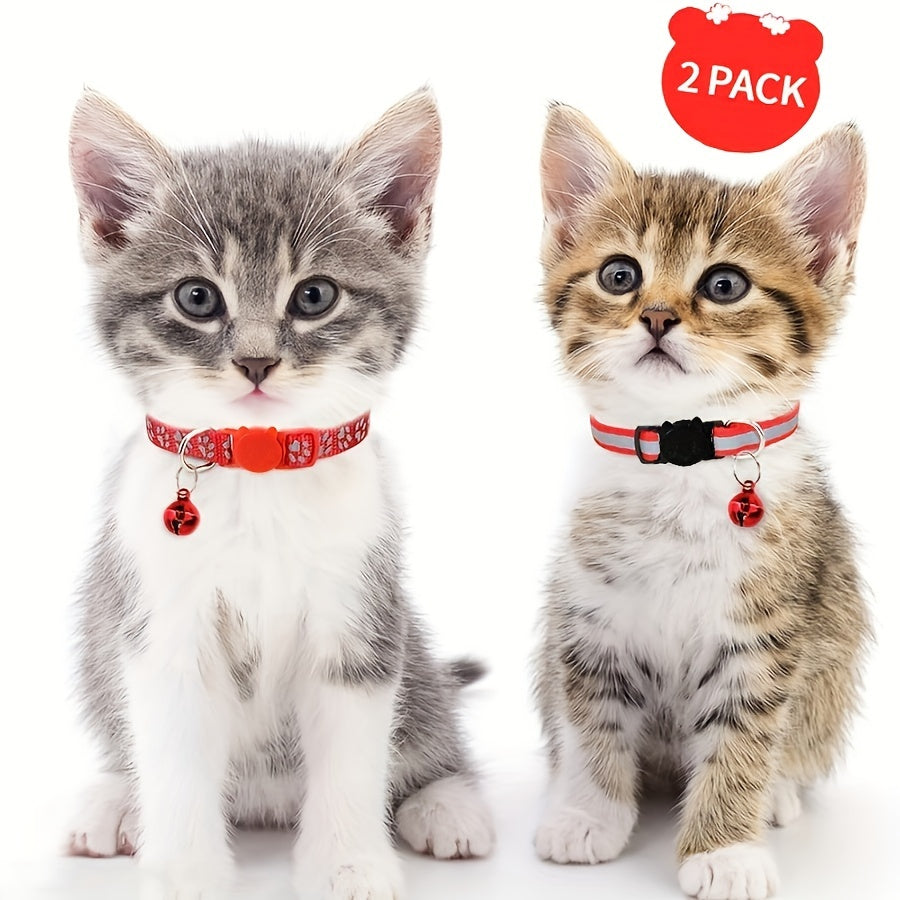 Reflective cat collars with footprints, bells, and breakaway design for kittens - 2 pieces, geometric pattern, polyester.