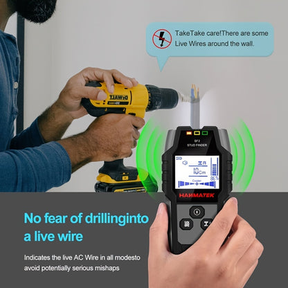 HANMATEK SF2 5-in-1 Handheld Wall Detector detects metal, wood, AC wires and offers electronic measuring. LED/Number display, safe drilling, precise positioning, battery-powered (battery