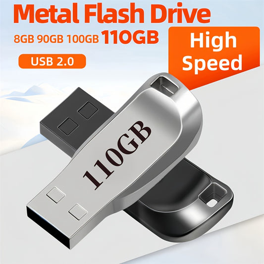 Fashionable high-speed metal USB 2.0 flash drive for secure data storage in multiple sizes (8GB, 90GB, 100GB, 110GB). Ideal for PC, laptops, and tablets.