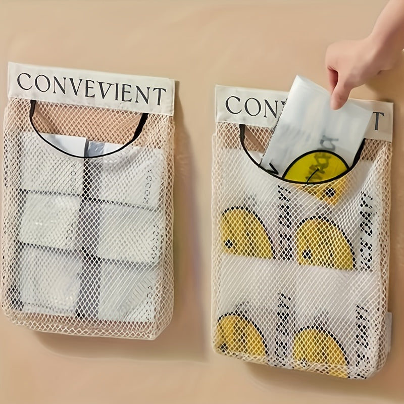 Keep Your Space Tidy with Our Wall-Mounted Plastic Bag Organizer - Durable Mesh Storage Rack for Kitchen & Clothes Bags, Made from Non-Food Grade PVC