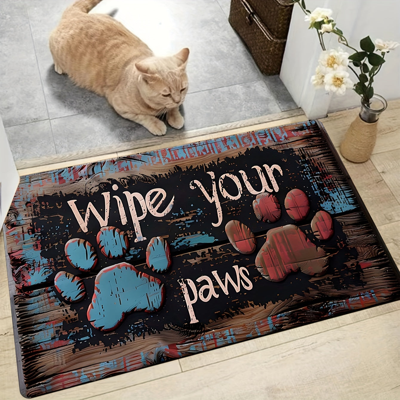 Symmetrical Claw Print Wood Grain Background Bathroom Carpet with 8mm Thickness, Soft and Thickened. Suitable for Kitchen, Living Room, and Bedroom. Also works as Indoor Door Mat, Machine Washable Entrance Carpet, and Decorative Accent.