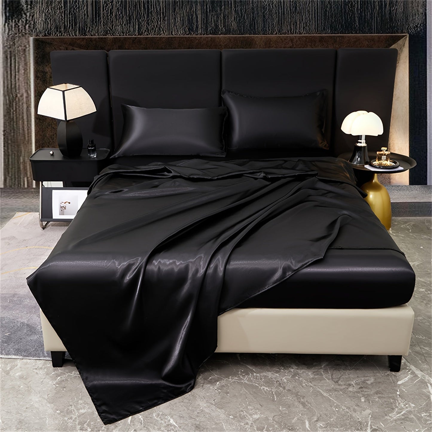 Indulge in the opulence of our 4-piece 80g Light Luxury Silky Satin Bedding Set. This set includes 1 Fitted Sheet, 1 Flat Sheet, and 2 Pillowcases, perfect for elevating your home bedroom, guest room, or hotel. Experience the ultimate in quality and