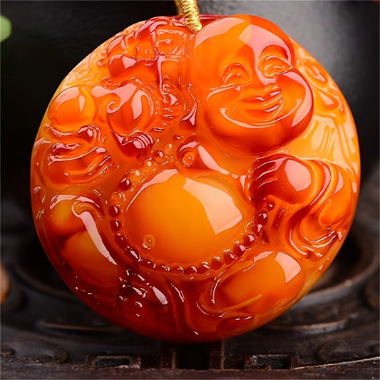 Vintage Amber Maitreya Buddha Pendant Necklace made from resin, perfect for September-born individuals. This Boho-style sweater chain is ideal for both daily wear and festive celebrations. It also makes a perfect Valentine's gift. The pendant is made