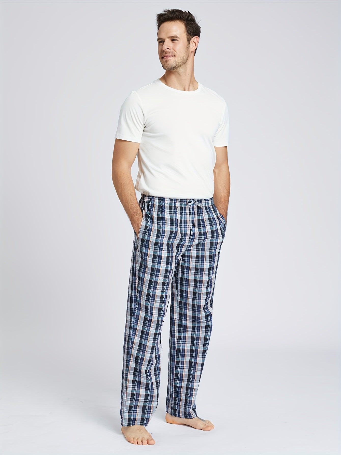 Men's Cotton Plaid Lounge Pants with Pockets