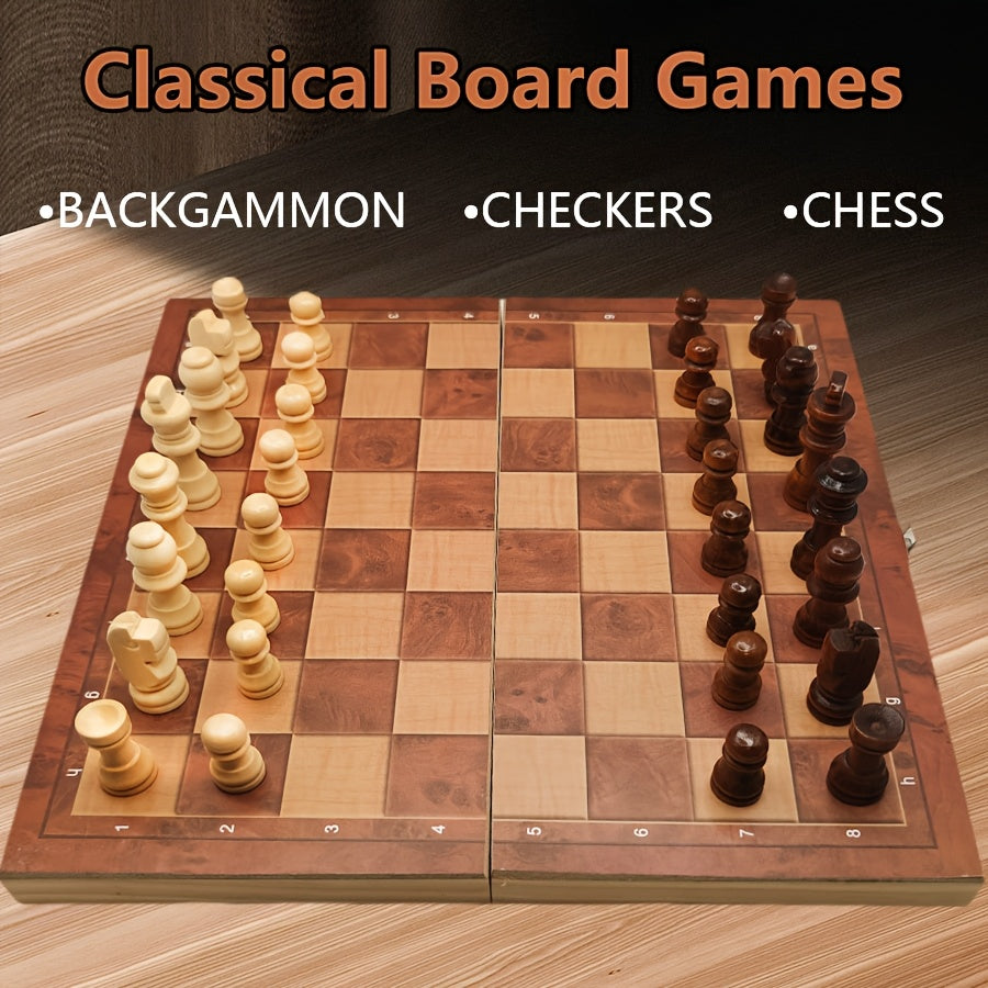 3-in-1 board game includes chess, checkers, and backgammon. Lightweight wooden board for adults. Ideal for travel.