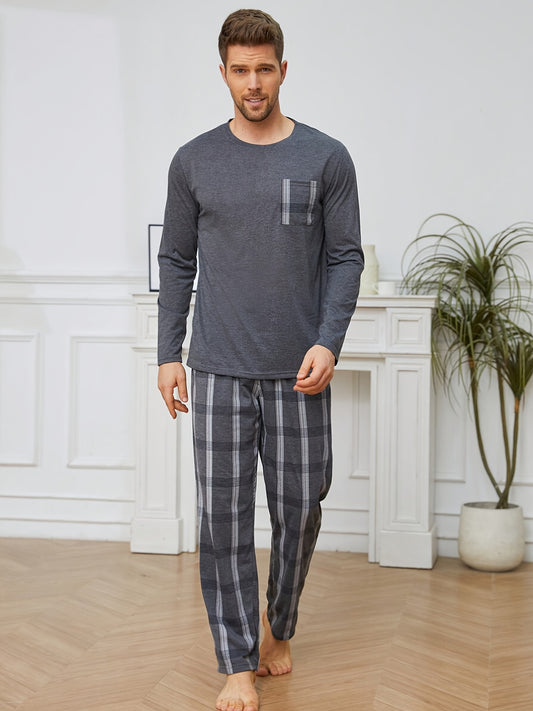 Men's dark gray plaid pajama set with pockets - includes long sleeve round neck top and pants. Made of polyester blend and machine washable.