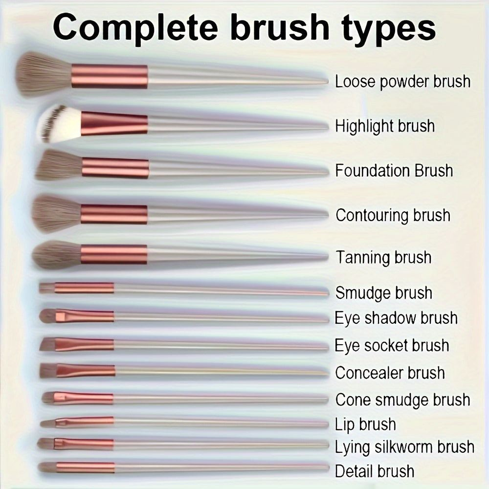 13-piece professional makeup brush set with soft polyester bristles and hypoallergenic nylon bristles. Features ABS plastic handle and is fragrance-free. Suitable for all skin types.