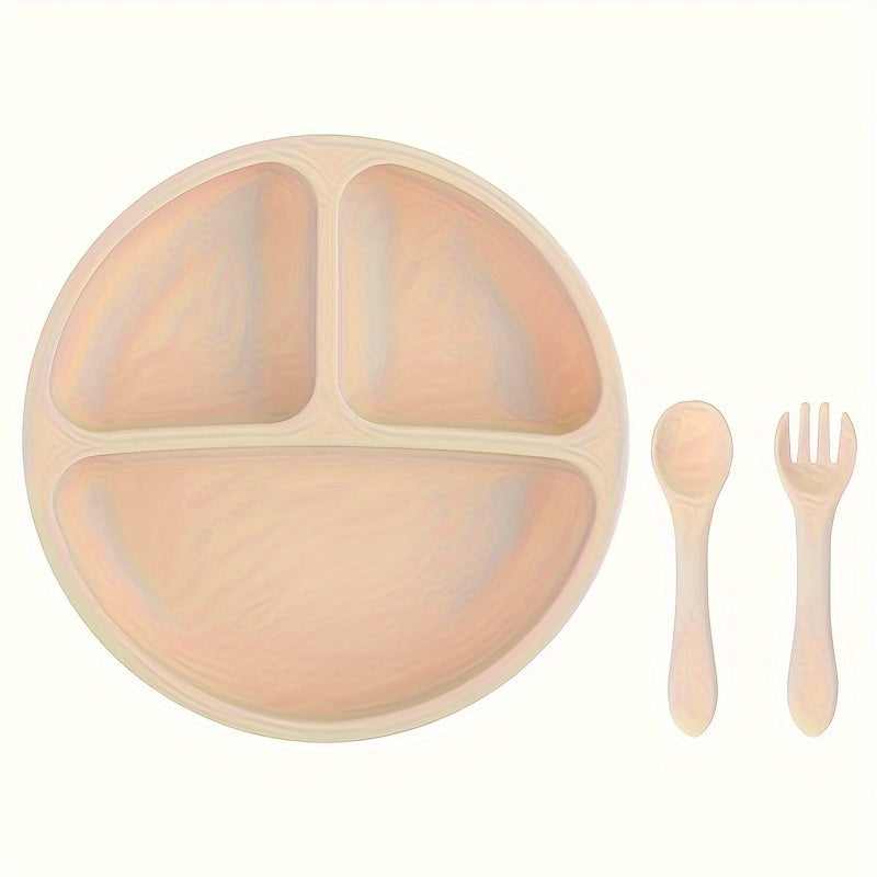 Children's set includes 3 pieces of silicone dinner plate, spoon, and fork. Made from food-grade silicone, the dinner plate has a non-slip suction cup for easy cleaning and high temperature resistance. Perfect for baby feeding, this set is a must-have