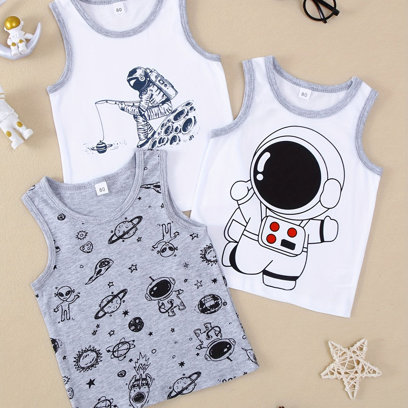 3-pack kids' cotton vests with astronaut & space themes, crew neck, moisture-wicking fabric, slight stretch, regular fit - grey & black, sweat-resistant