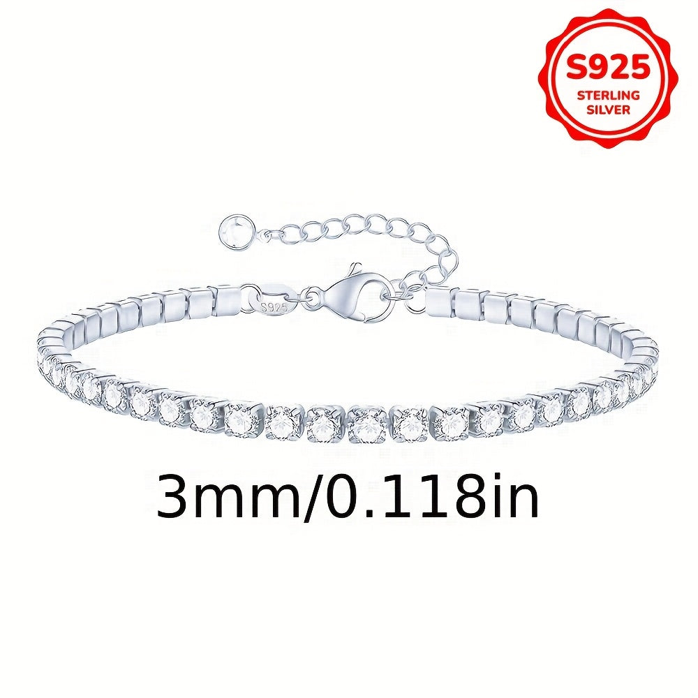 Stylish 925 Sterling Silver Tennis Chain Bracelet featuring Synthetic Cubic Zirconia, Adjustable 2MM/3MM, Hypoallergenic, Sparkling Iced Out Design, Perfect for Daily Wear and Gifting, Ideal Valentine's Day Jewelry for Women.