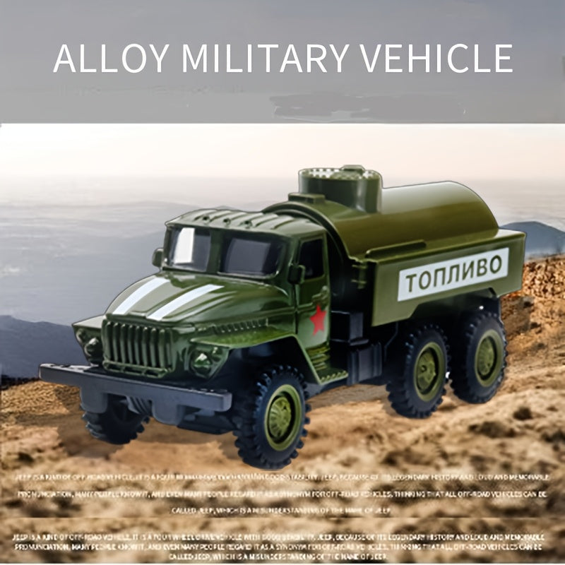 Zinc alloy military truck replica with manual pull-back operation, ideal for cake decoration, car decor, home and office desk ornament, and as a gift for collectors and army decor.