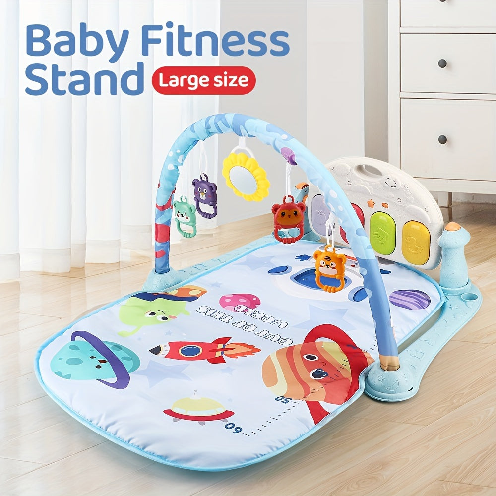 Soft, removable pads for youngsters on a Deluxe Blue Play Mat featuring a 60-song musical piano and bell stand. The perfect birthday or Christmas gift for youngsters.