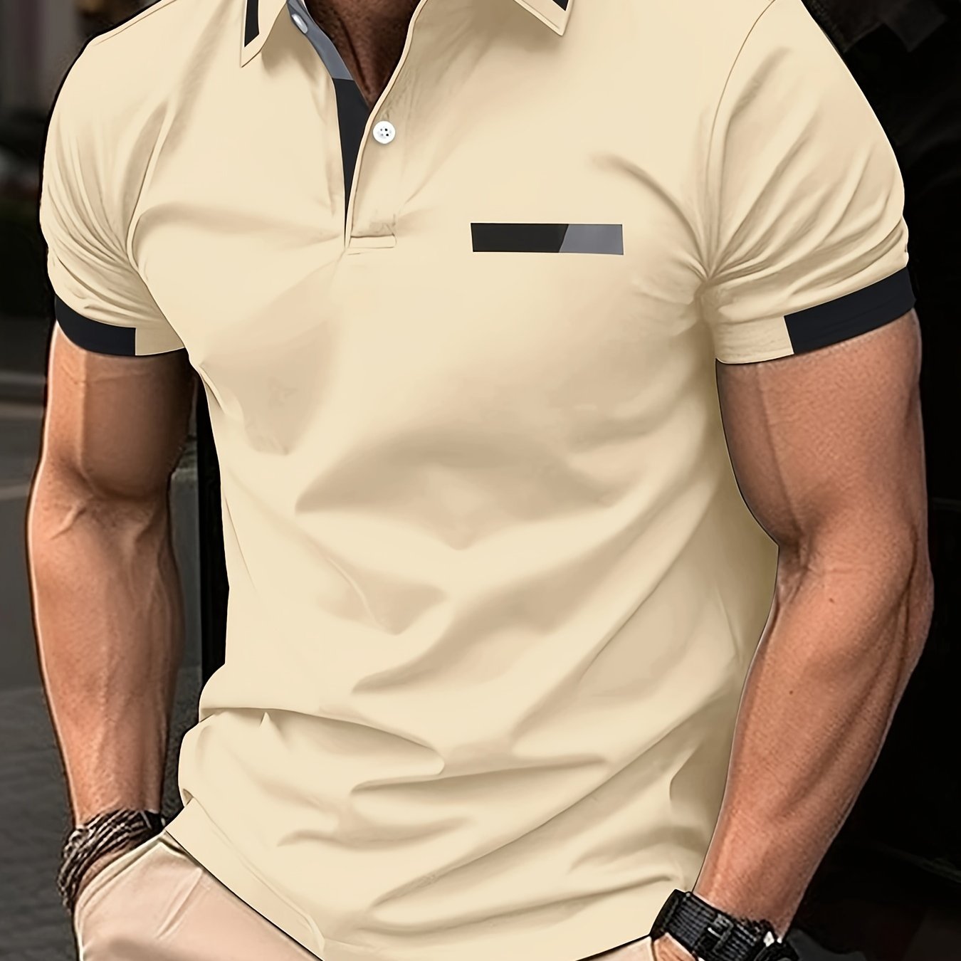 Men's short sleeve shirt with chest print, buttoned turnover collar, and thin summer style.