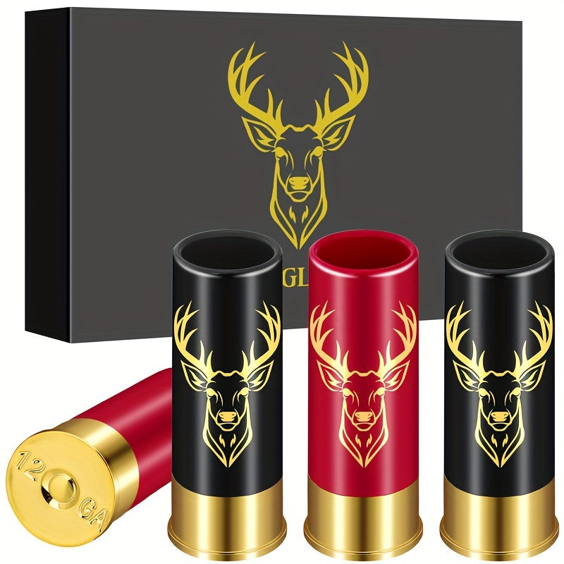 4 Elk Head Pattern Shot Cups, Bullet Shaped Shot Glass for Bars, Clubs, Restaurants, or Home use.