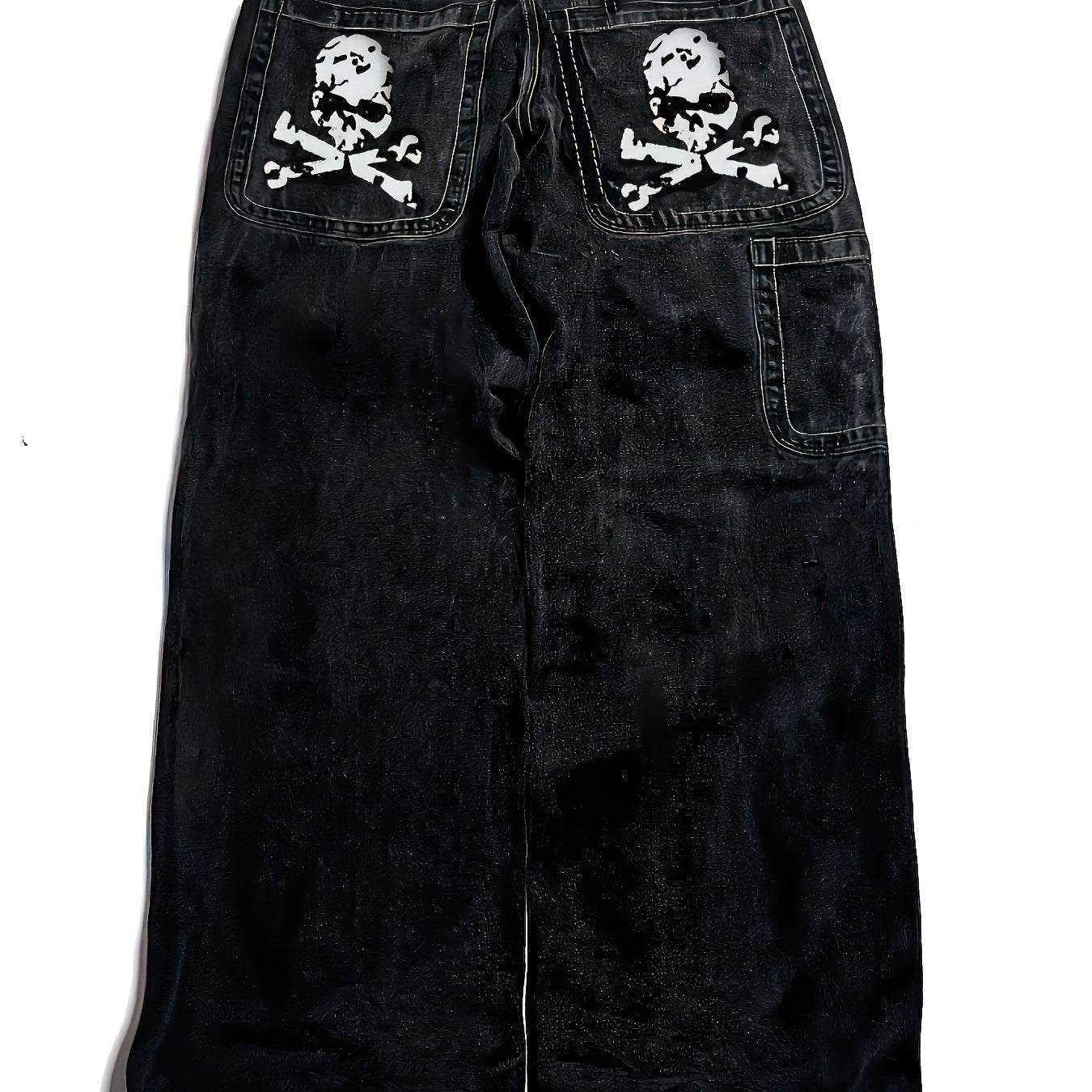 Men's Y2K Style Skull Print Wide-Leg Jeans with Flap Pockets - Streetwear Denim, Machine Washable, Blend Fabric, PLUS SIZE