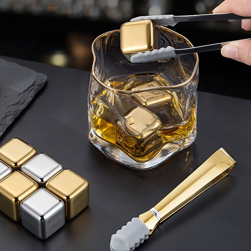 Set of 8 Stainless Steel Ice Cubes with Silicone Tong - Reusable Chilling Rocks for Whiskey, Cocktails, and Beverages. Quick-Freeze Metal Whiskey Stones, Food-Grade and perfect for Home Bar and Parties. Comes in Golden color, great for Wine Chilling and