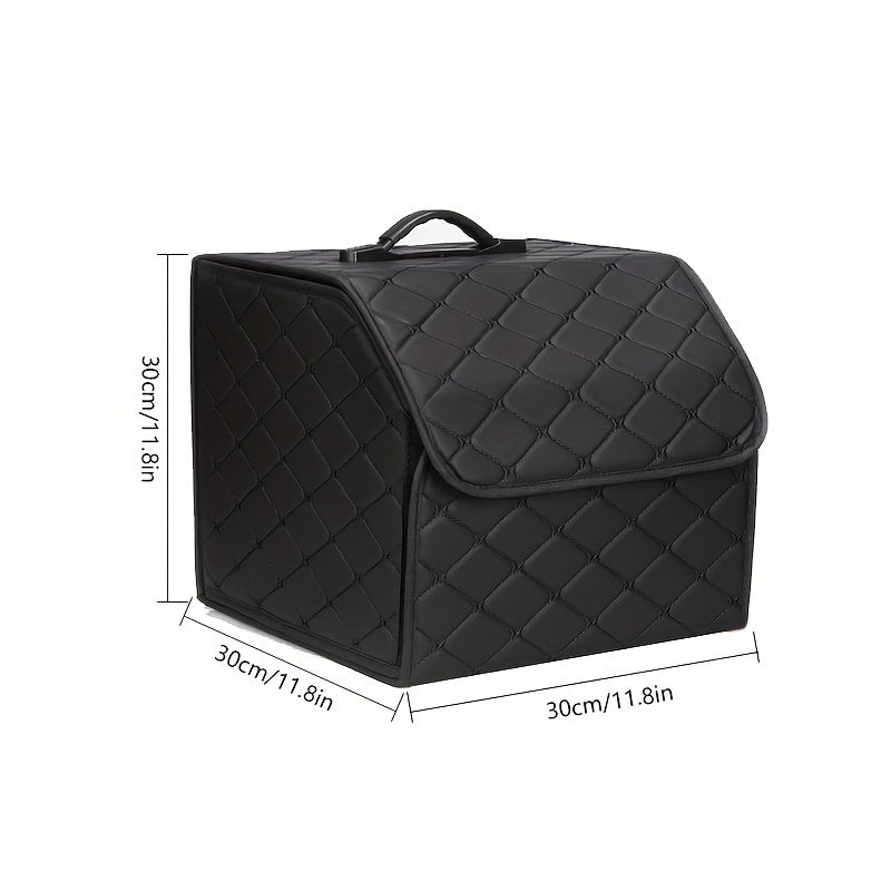 Premium PU leather car trunk organizer with collapsible cargo storage box and tension mount. Multi-functional for toys, food, and more with sleek black design and diamond-stitched pattern.