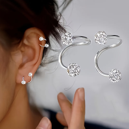 Luxury spiral rod ball earrings made of stainless steel and 925 silver with rhinestone inlay, perfect for daily wear or as a gift.