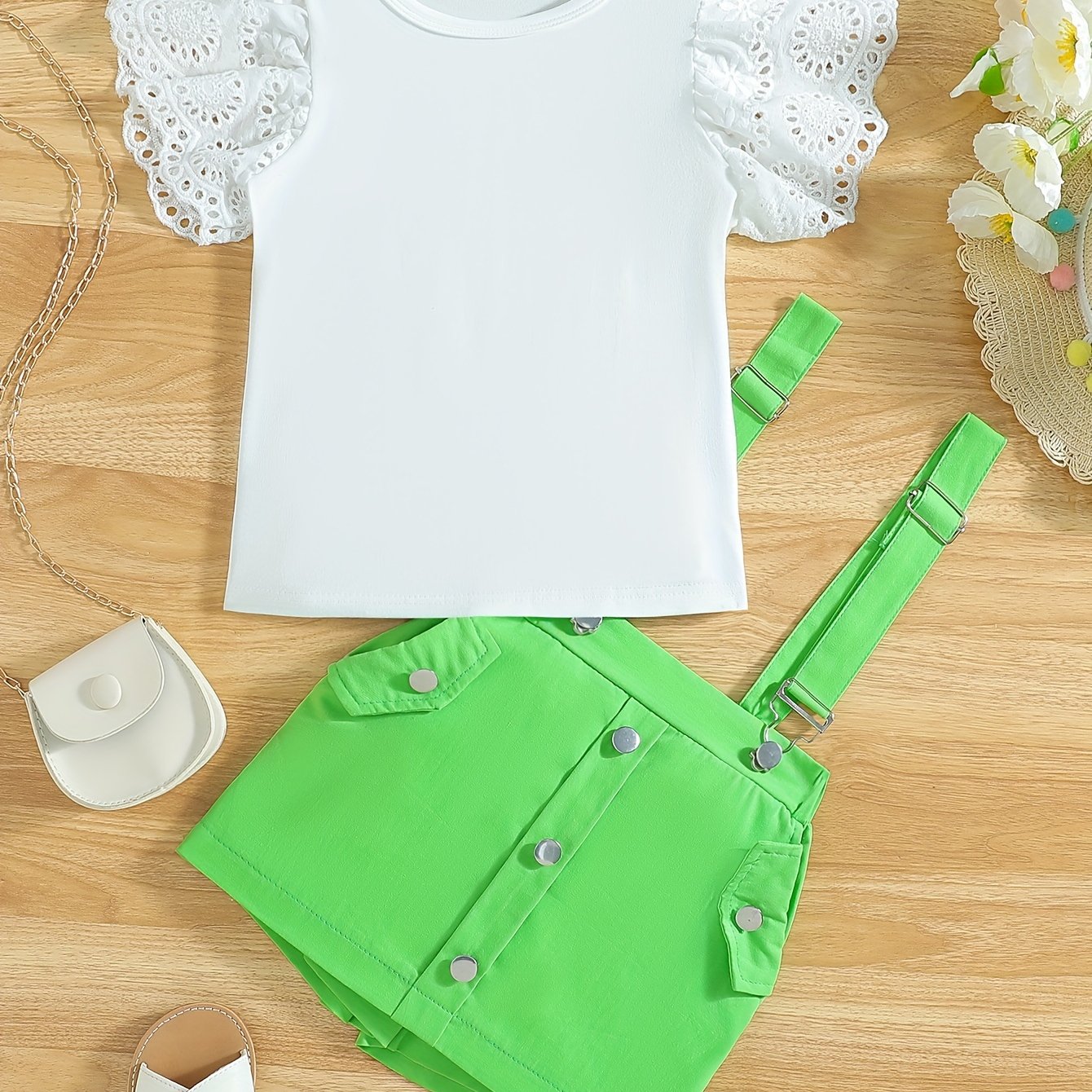 Girls' summer outfit: ruffle top and suspender shorts