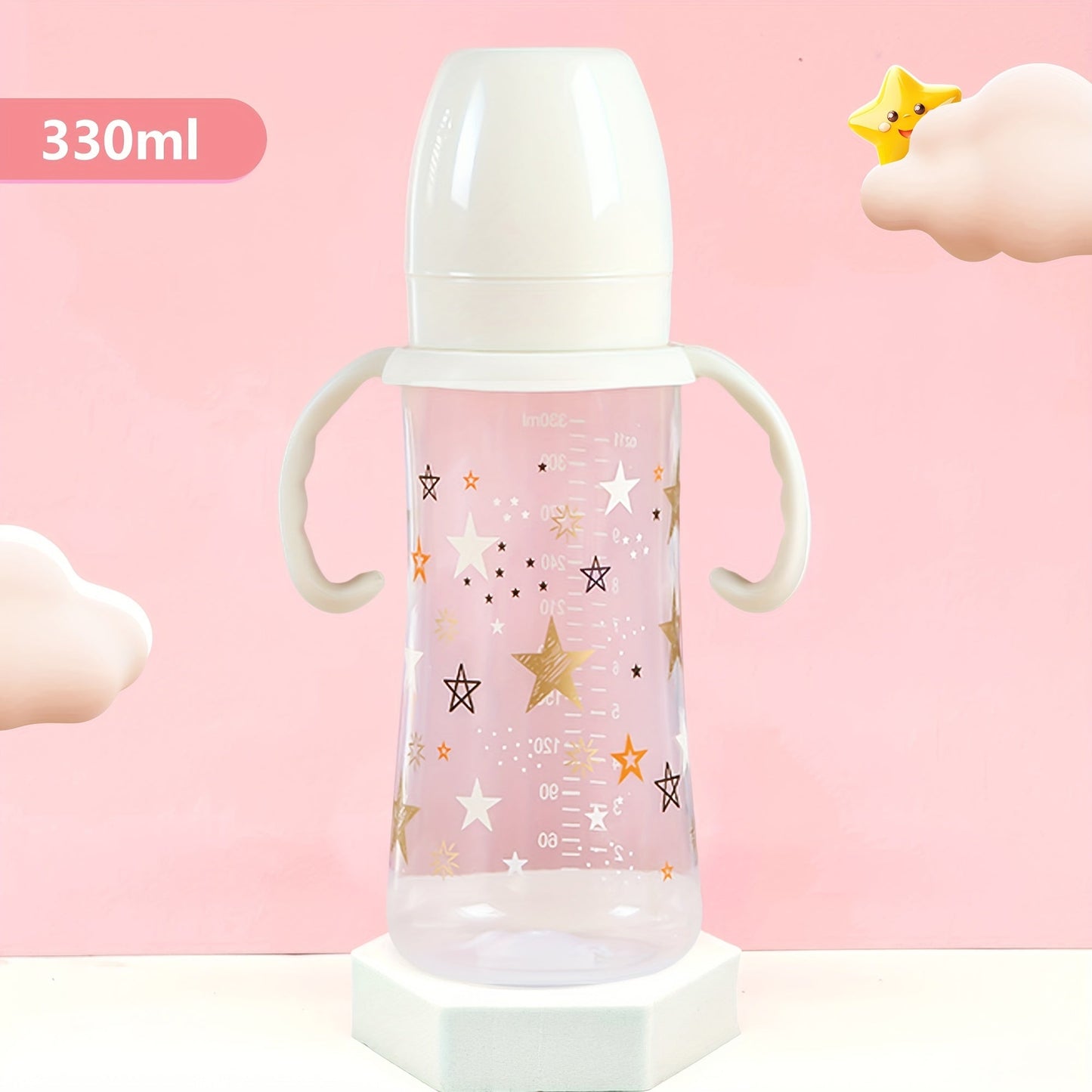 330ml Large Capacity Bottle with Wide Diameter, Handles, and Fall Resistant PP Material. Featuring a Cartoon Star Pattern, this is a Feeding Bottle ideal for Babies.