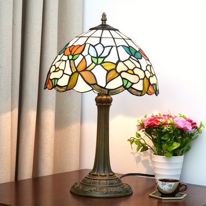 Handmade 12-inch glass desk lamp with green dragonfly pagoda shade and antique metal finish. Includes switch and 220-240V European plug. Perfect cozy bedside table lamp for various rooms in retro European countryside style. A creative gift idea.