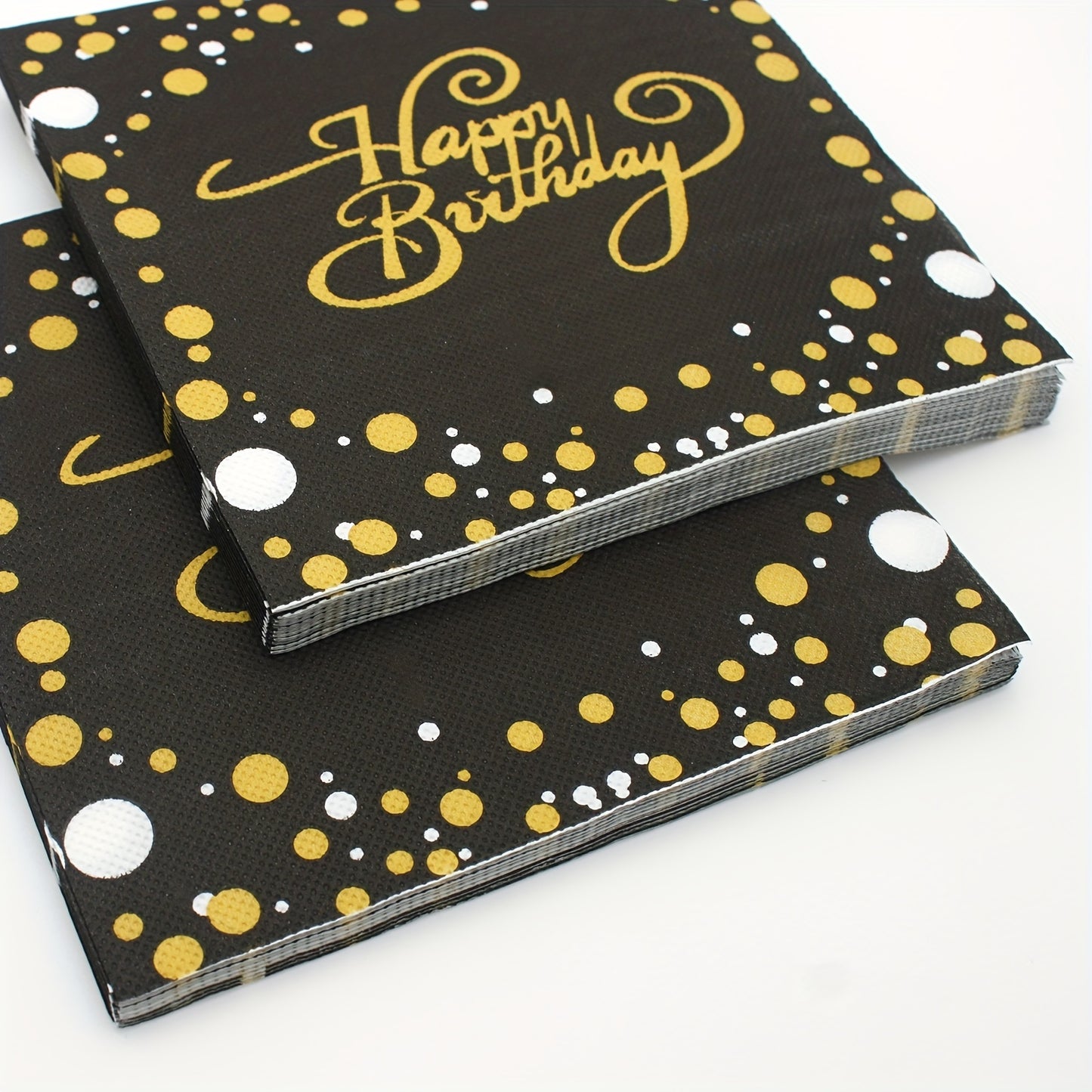 20 Black napkins (33.02cmx33.02cm) with gold Happy Birthday pattern, ideal for events such as weddings, anniversaries, and birthdays.