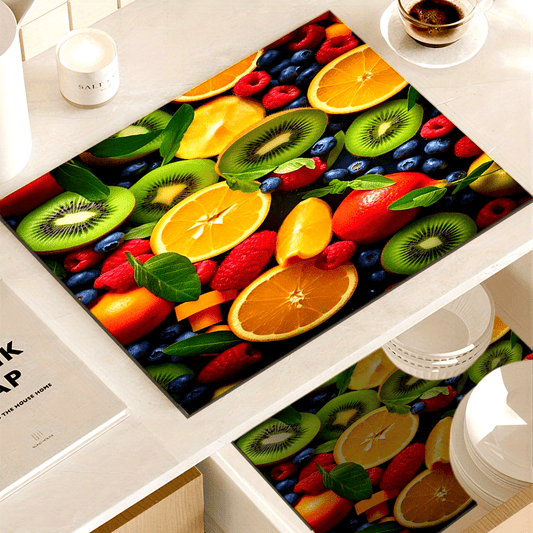 Fruit-Themed Print Dish Drying Mat - 1pc, Washable and Absorbent Polyester Kitchen Pad for Dishes and Utensils, Countertop Protector, Great for Laundry and Dryer use.