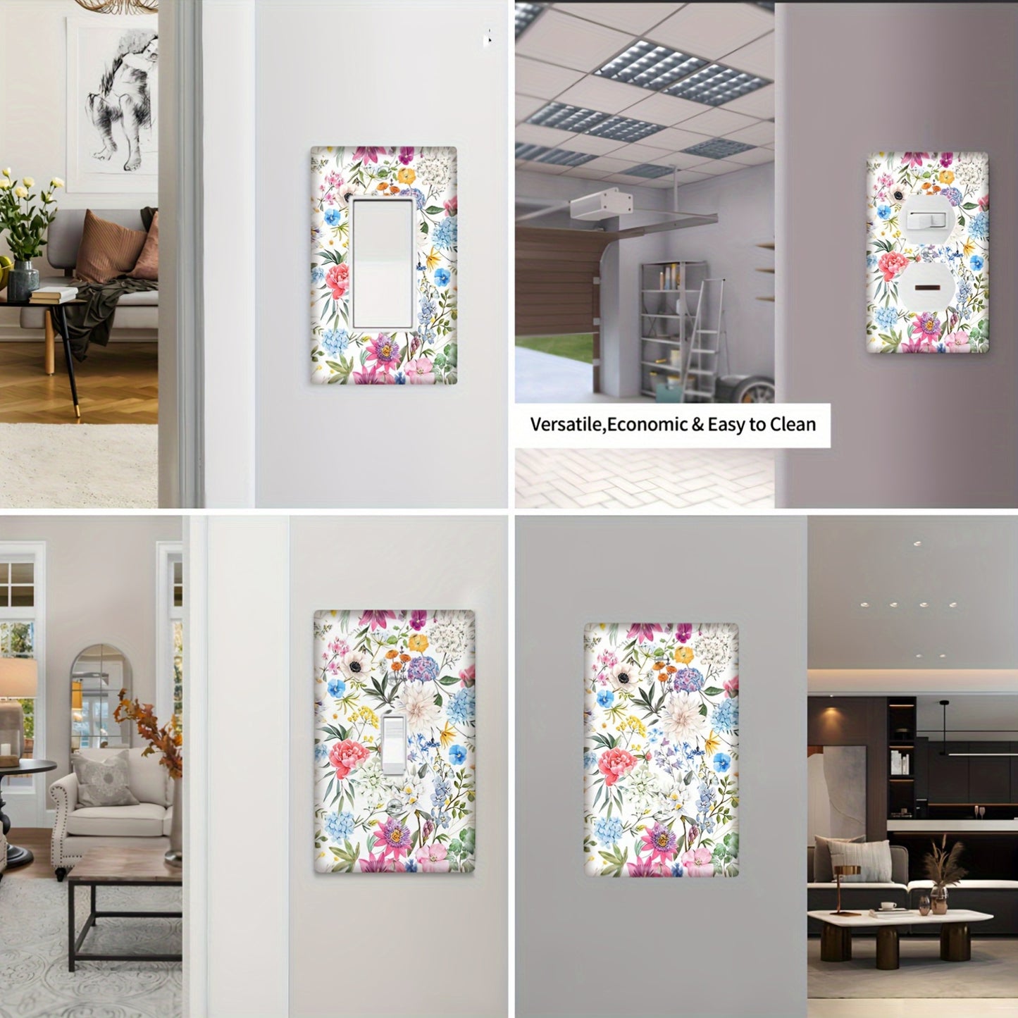 Floral light switch and outlet covers for bedroom, kitchen, office, home. Battery-free, screw-in design.