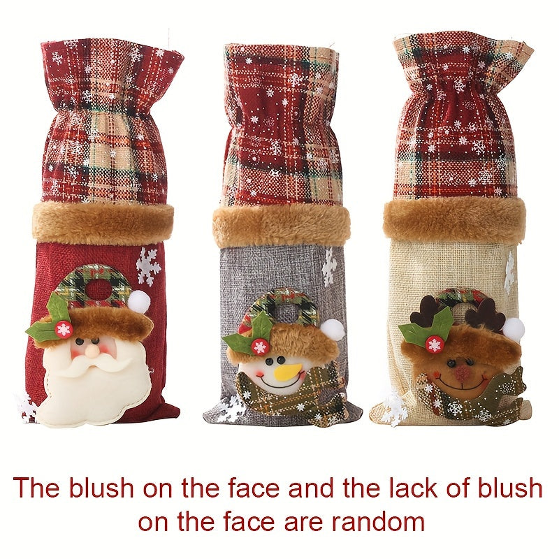 Set of 3 Christmas wine bottle covers in plaid linen with Santa and reindeer design. Hand washable canvas bags for holiday décor and accessories.