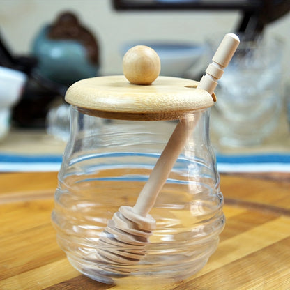 Glass honey jar with bamboo lid and dipper - ideal for kitchen storage and baking essentials