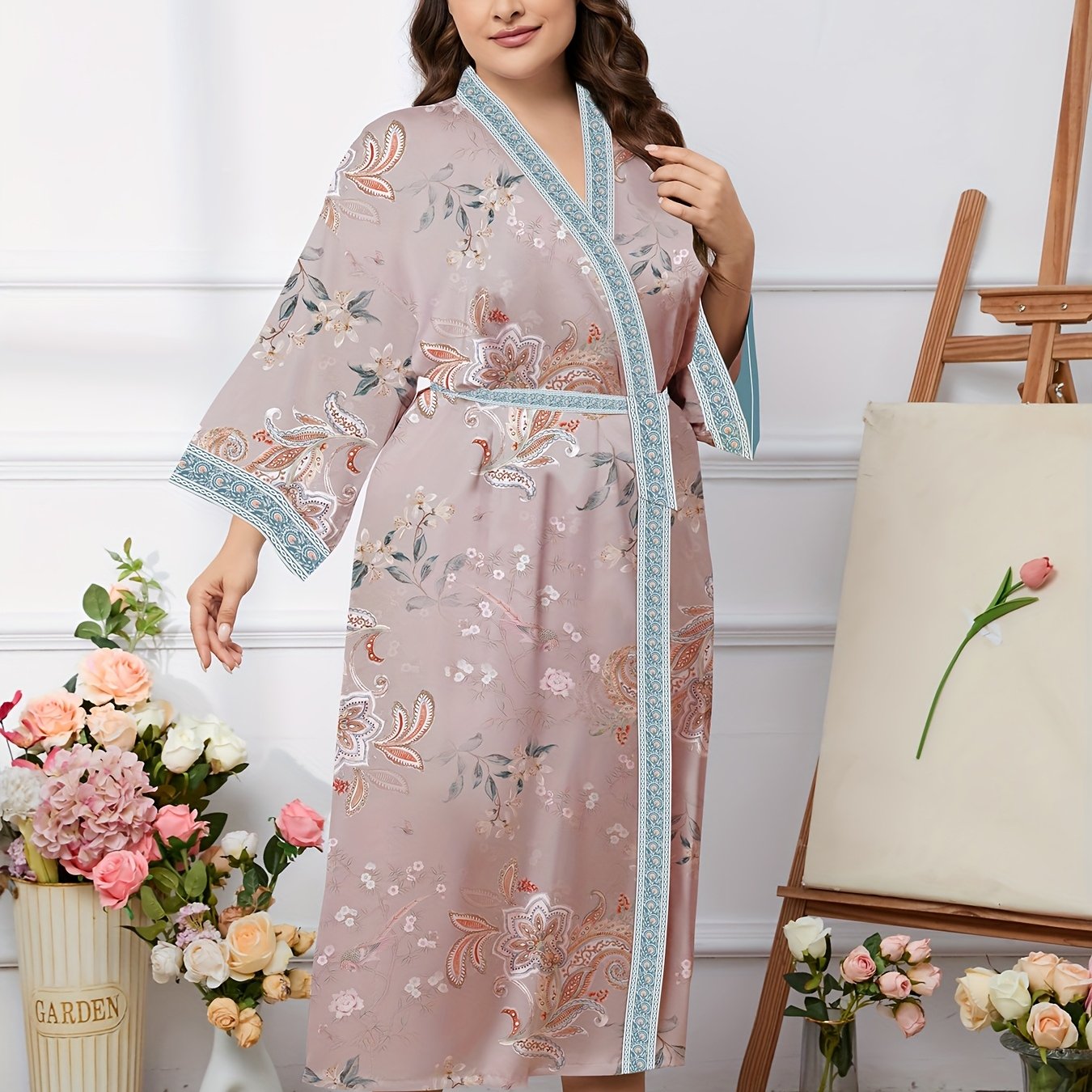 Boho Chic Plus Size Women's Long Robe with Full Print, V-Neck, Tie Waist - Ideal for Spring/Summer/Fall