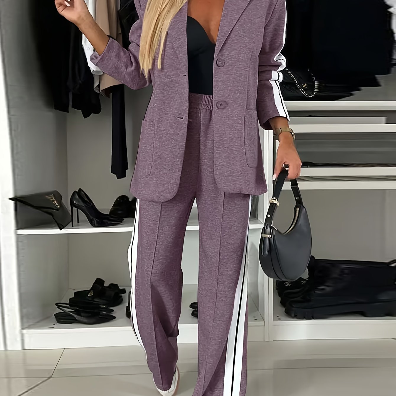 1 Set Elegant Polyester Knit Fabric Suit - Fall/Winter Lapel Collar Blazer with Button Details & Solid Color Top, Regular Fit Pants with Side Stripes - 100% Polyester Two-Piece Outfit