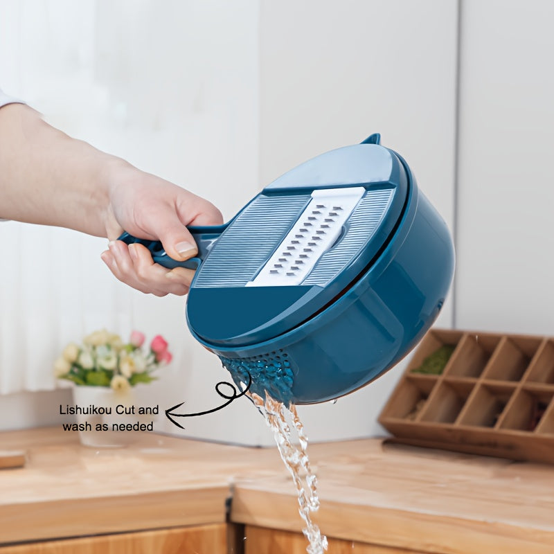 Handheld multifunctional vegetable slicer with safety julienne peeler, potato skinner, and mandoline. Made from ABS material for versatile chopping in the home kitchen.