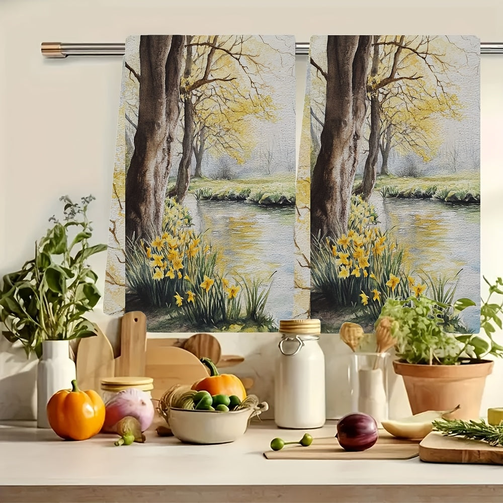 Set of 2 Ultra Soft Kitchen Towels featuring a "Spring Morning" Scenic Design showcasing Yellow Trees & Daffodils. These highly absorbent towels are machine washable, perfect for holiday decor. Measuring 40.64x60.96 cm, these absorbent dish towels are a