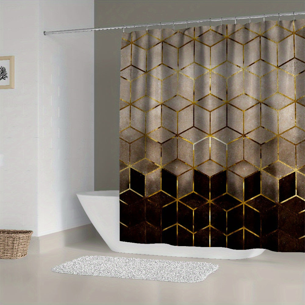 Brown gradient shower curtain with honeycomb plaid print, hooks included. Waterproof fabric for bathroom decor.