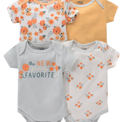 4-piece set of newborn short sleeve one-piece suits with alphabet print and embroidery. Suitable for babies aged 0-9 months.