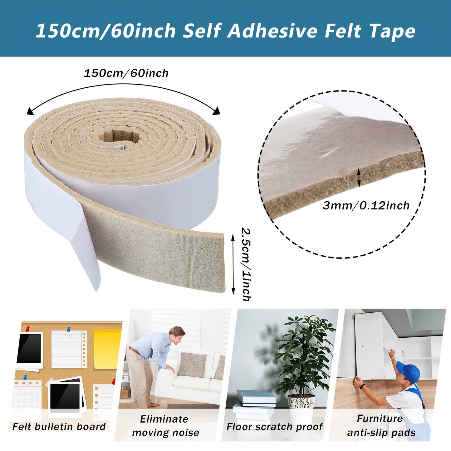 Two rolls of beige self-adhesive felt tape for non-slip furniture protection on hardwood floors, chairs, and walls. Each roll is 3.05 meters long, 2.54 cm wide, and 0.3 cm thick. Great for protecting your surfaces from scratches and damage.