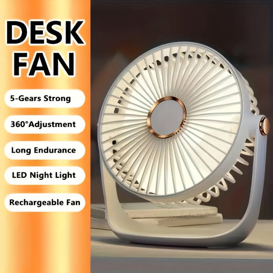 JKUOO Portable Desk Fan with LED Night Light, 2.5W USB Rechargeable Table Fan, 5-Speed High-Powered Quiet Motor, 1200mAh Lithium Battery, Button-operated, Made from Durable Plastic, Suitable for Office, Fishing, Camping, and Travel